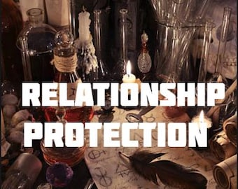 May include: An assortment of mystical items, including glass bottles, candles, and scrolls, are arranged on a table. The words "RELATIONSHIP PROTECTION" are displayed in white block letters. A feather and a purple sphere are also visible.