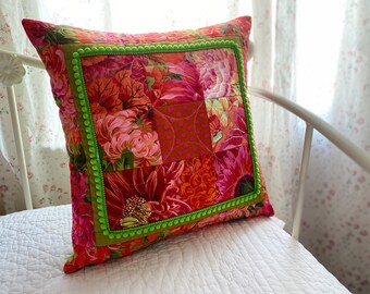 Handmade Kaffe Fassett Cushion Cover, Colourful Decorative Patchwork Throw Pillow, Pink and Green Cotton Unique Eclectic Home Decor,