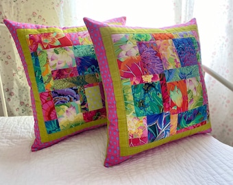 Artisan Quilted Pillow Cushion Covers x2, Handmade Matching Kaffe Fassett Cushion Covers, Colourful Home Decor, Unique Gifts for Her,