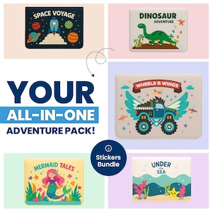 Könnte beinhalten: Eine Auswahl an farbenfrohen Abenteuer-Geldbörsen. Designs umfassen eine Weltraumszene, einen Dinosaurier, einen Truck mit Flügeln, eine Meerjungfrau und eine Unterwasserszene. Der Text "YOUR ALL-IN-ONE ADVENTURE PACK!" ist ebenfalls sichtbar.