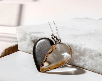 Ebony Wood Resin Heart Necklace: Handmade Women's Jewelry Gift