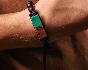 Olive Wood Resin Bracelet with Black Onyx Gemstone Beads, Adjustable