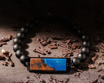 Wood Resin Sapphire Skyline Bracelet - Adjustable Beaded Bracelet