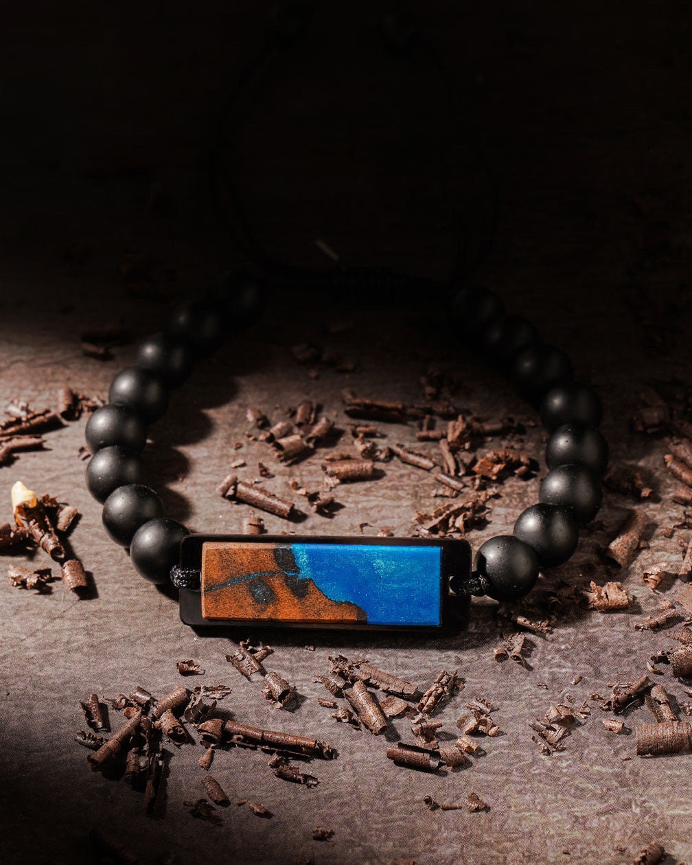 Wood Resin Sapphire Skyline Bracelet Adjustable Beaded Bracelet