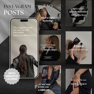 May include: A collage of Instagram posts with tips for building a faceless brand. The posts feature images of women in stylish outfits and text about digital marketing, success, and tools for starting a business.