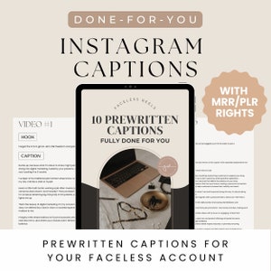 May include: A digital marketing guide with the title "10 Prewritten Captions Fully Done For You" for faceless reels on Instagram. The guide is designed for social media marketers and entrepreneurs who want to create engaging content for their Instagram accounts.