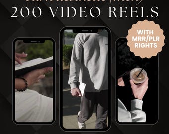 May include: Image promoting "dark aesthetic" video reels. The image features three smartphones displaying video content. Text includes "200 VIDEO REELS" and "PERFECT FOR INSTAGRAM". A badge reads "WITH MRR/PLR RIGHTS". The background is dark with a diamond pattern.