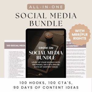 May include: A digital product bundle for social media marketing. The bundle includes 100 hooks, 100 calls to action, and 90 days of content ideas. The text "Grow on Social Media Bundle" is displayed on a laptop screen with a cup of coffee on the table.