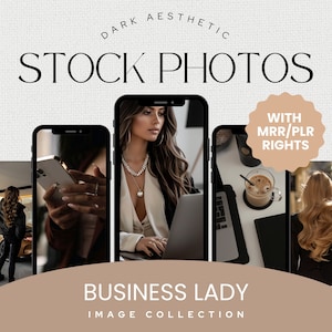 May include: A collection of stock photos featuring a woman working on a laptop, using a phone, and a cup of coffee. The photos have a dark aesthetic and are perfect for business or lifestyle content.