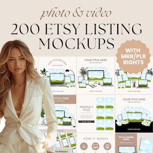 以下が含まれることがあります： 写真とビデオ用のEtsyリストモックアップ200個のセット。ラップトップ、タブレット、スマートフォンなど、さまざまなデバイスが、緑と青の自然の風景を画面に表示しています。モックアップはデジタル製品で使用するために設計されており、商用利用権が含まれています。
