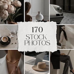 Könnte beinhalten: Eine Collage aus Bildern mit verschiedenen Lifestyle- und Produktfotos. Die Bilder zeigen einen Strauß weißer Pfingstrosen, eine weiße Keramikvase, ein silbernes Auto, eine Frau in einem weißen Blazer, einen Laptop, einen Strohhut, eine goldene Halskette und eine Frau in einem schwarzen Mantel. Der Text "170 STOCK PHOTOS" ist in der Mitte der Collage zu sehen.