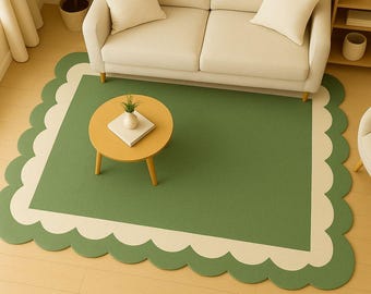 Alfombra ondulada de lana con mechones en verde salvia y crema / Alfombra decorativa con borde festoneado para dormitorio / Regalos de Navidad