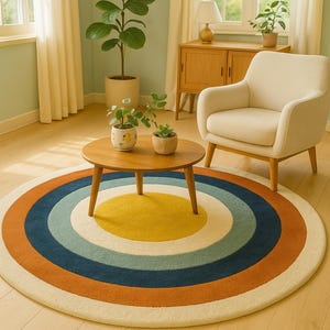 Colorful Round Boho Rug – Mustard Yellow, Rust & Teal Concentric Circle Carpet – Mid-Century Modern Area Rug for Living Room, Nursery Decor
