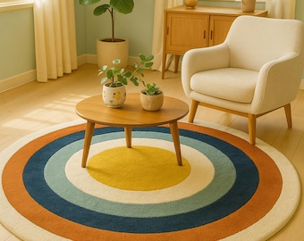 Colorful Round Boho Rug – Mustard Yellow, Rust & Teal Concentric Circle Carpet – Mid-Century Modern Area Rug for Living Room, Nursery Decor