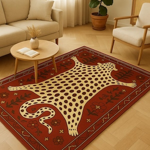 May include: A rectangular red rug with a cream-colored leopard design and brown spots. The rug has a decorative border with floral and leaf patterns. The rug is placed in a living room setting.