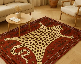 Boho Leopard Teppich | Getufteter Teppich mit Tiermuster und Blumenrand | Einzigartiger Dschungel Stil Teppich | Vintage inspirierte Boho Wohnkultur