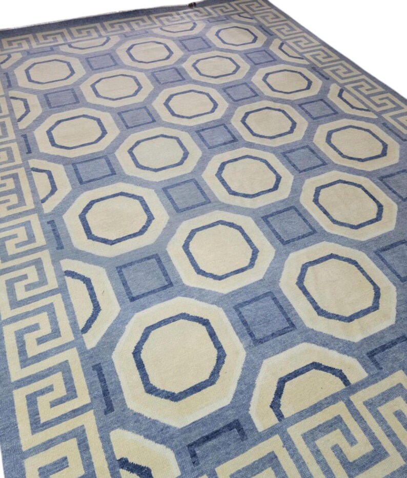 Handmade Blue Geometric Rug | Modern Wool Area Carpet | Octagon Pattern ...