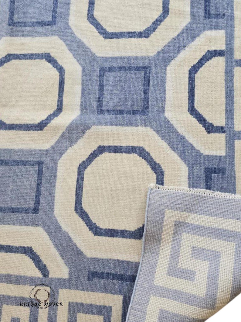 Handmade Blue Geometric Rug | Modern Wool Area Carpet | Octagon Pattern ...