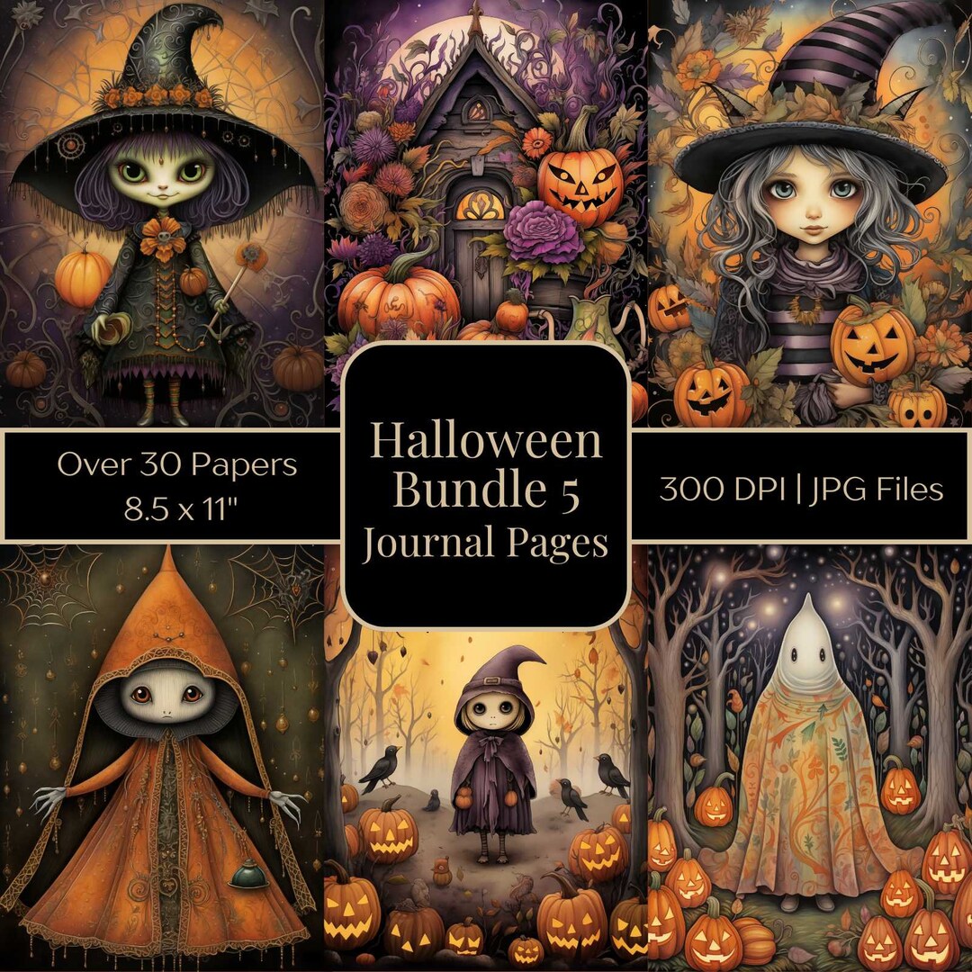 Halloween Junk Journal Scrapbook Pages Bundle Kit Watercolor Digital ...