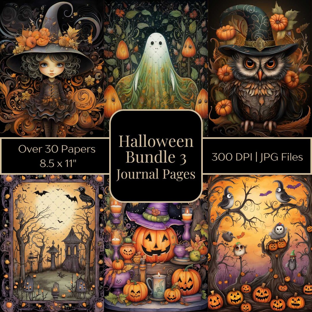 Halloween Junk Journal Scrapbook Pages Bundle Kit Watercolor Digital ...
