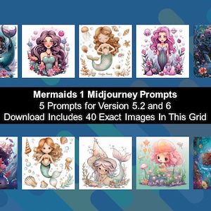Mermaids Midjourney Wersja 5.2 i 6 Przewodnik po podpowiedziach Fantazyjne karty Scrapbooking Małe dziewczynki Ocean Fish Bubbles Przewodnik po podpowiedziach Mermaid
