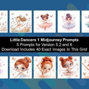 Małe tancerki Midjourney Wersje 5.2 i 6 Przewodnik podpowiedzi Fantazyjne karty Scrapbooking Małe dziewczynki Tańczące tancerki Taniec malucha Balet