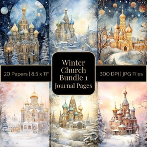 Winter Church Junk Journal Scrapbook Pages Bundle Watercolor, Junk Journal Kit, Scrapbooking, Digital Download, Collage Sheet, Printable
