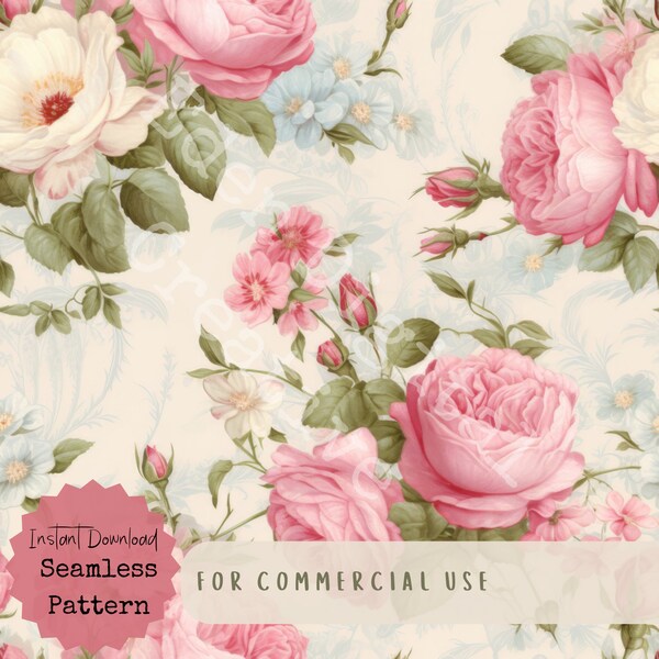 Shabby Chic Roses Seamless Pattern, Pink Floral Digital Paper, Feminine Pattern for Textiles Home Decor Stationary and DIY Paper Crafts