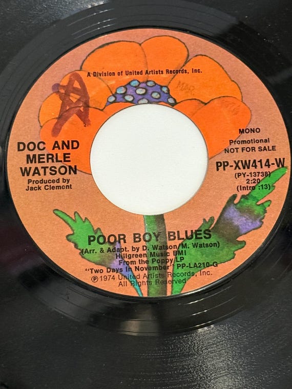 Vintage 1974 Doc and Merle Watson 'poor Boy Blues' 45 RPM Vinyl