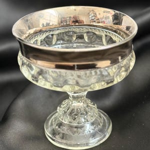 Vintage Clear glass King’s Crown silver rim Pressed glass compote dish