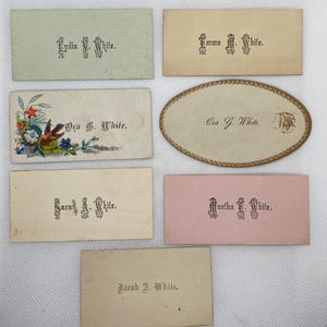Lote de 7 tarjetas de visita personales antiguas de la FAMILIA BLANCA, década de 1870, efímeras vintage