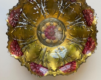 Vintage 1890s GOOFUS Carnival glass red carnation & gold serving dish bowl