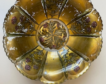 Vintage 1890s GOOFUS Carnival glass carnation & gold serving dish bowl