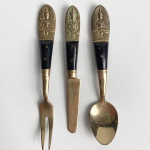 3PC SET Vintage Thai Brassware small Fork, knife, and spoon Siam flatware Wooden handles embossed deity design