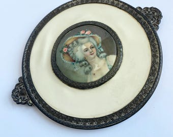 Antique Metal & Celluloid Vanity box LID, Wall Decor Victorian Cameo