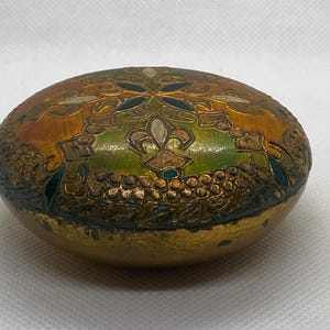 Antique turned wood hand painted lidded trinket dish