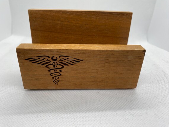 Vintage Medical Caduceus Insignia Business Card Holder, Solid Walnut Wood
