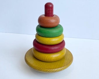 Vintage Wooden Stacking Ring Toy, Rainbow Stacker Rocking Toddler Toy, Rustic Farmhouse Decor