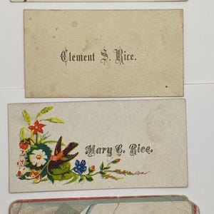 Lote de 4 tarjetas de visita personales antiguas de la familia RICE, década de 1870, efímeras vintage