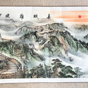 Vintage Chinese Ink Wash Watercolor Scroll painting mounted on Silk GREAT WALL of CHINA Blood Moon 64”