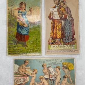 Lot von 3 Vintage AYER'S Sarsaparilla, Pectoral & Cathartic Apotheken-Werbekarten der späten 1800er Jahre