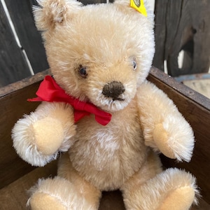 Vintage 1980s STEIFF Jointed Teddy Bear 7” Wearing Red Bow & Ear