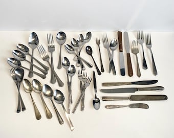 36 Pc LOT Mid-Century Stainless/Silverplate silverware cutlery utensils forks, spoons, knives Vintage Kitchen