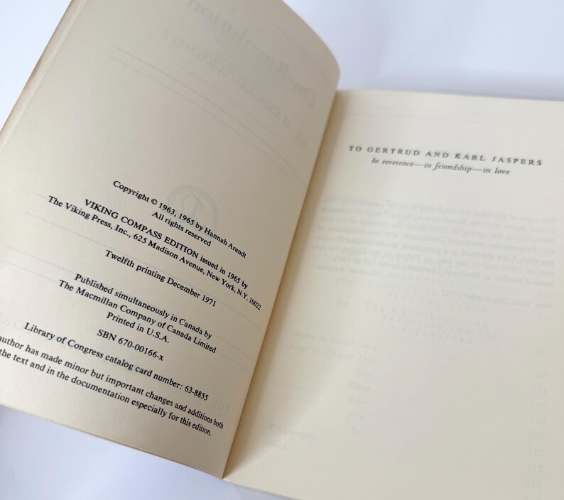 May include: An open hardcover book showing the copyright and dedication pages. The left page displays publication details including Viking Compass Edition 1965, twelfth printing December 1971, and SBN 670-00166-x. The right page features the text To Gertrud and Karl Jaspers.