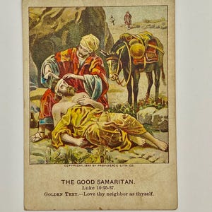 Antique 1899 The Good Samartian Bible lesson card vintage ephemera