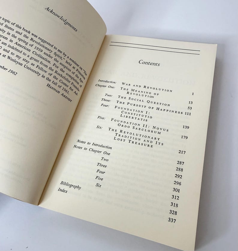 May include: An open book showing the Acknowledgments page on the left and the Contents page on the right. The Contents list chapters including War and Revolution, The Social Question, The Pursuit of Happiness, and Foundation I and II, with page numbers.
