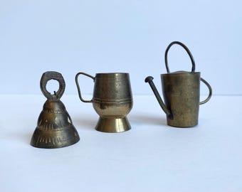 Vintage Mini Brass Watering Can, Tankard Mug, & Bell, 3 Pcs Handmade Metal Dollhouse Furniture