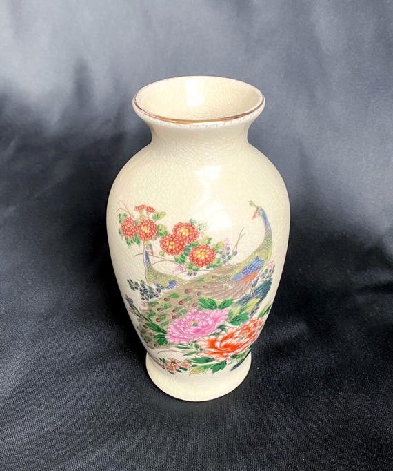 Vintage Satsuma Bud Vase: Handpainted Japanese Peacock Floral