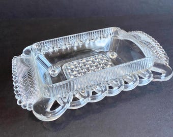 EAPG Antique clear glass footed Butter dish trinket tray Lace edge