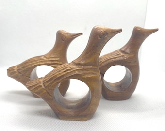 Vintage Hand carved PHEASANT bird Wooden napkin rings Set of 3 Made in PHILIPPINES